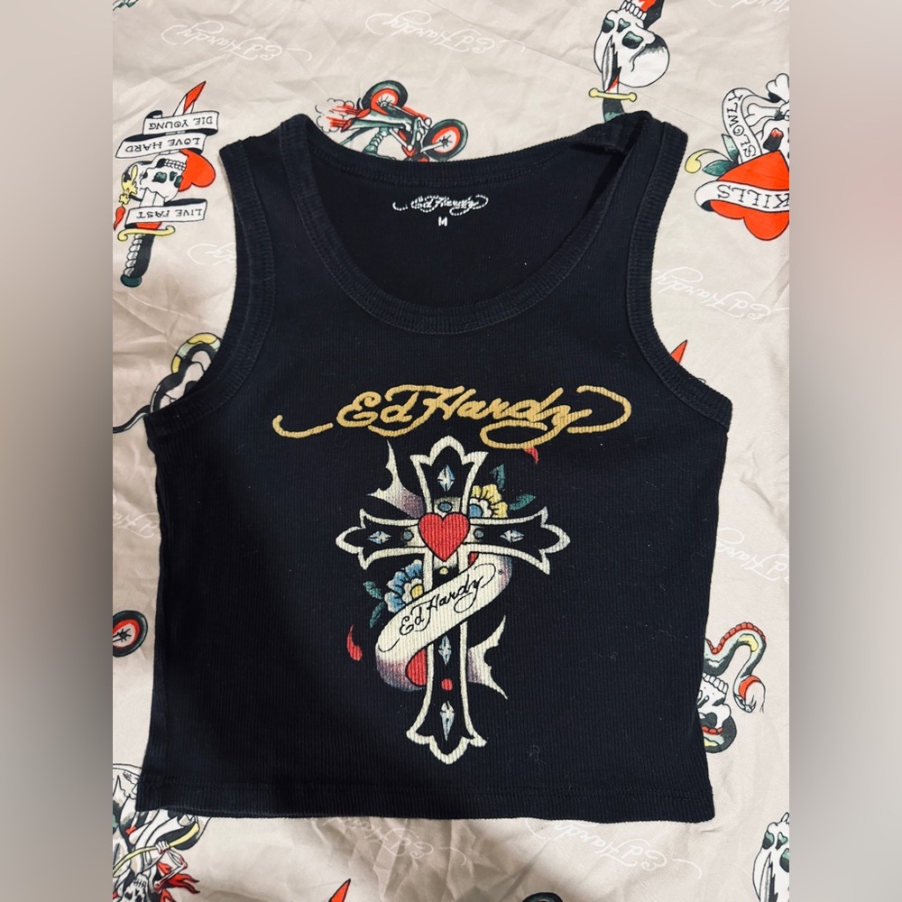 Ed Hardy Black cropped Tank Top